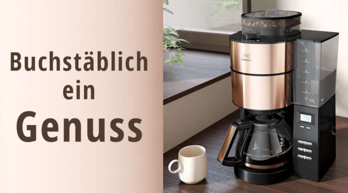 Die Melitta AromaFresh in Kupfer steht auf einer Küchentheke.