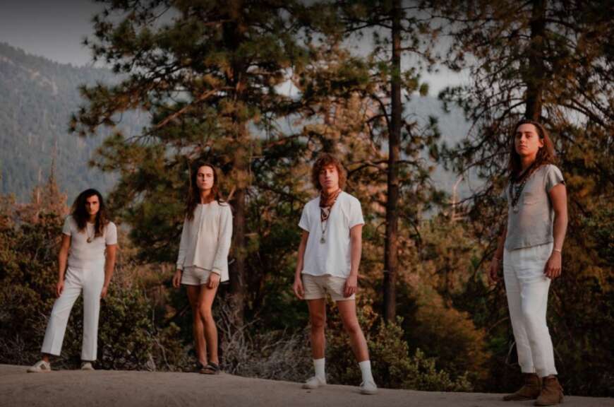 Die Bandmitglieder von Greta van Fleet stehen in weiß gekleidet vor einigen Tannenbäumen.