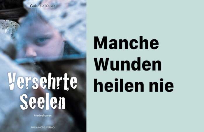 Das Cover von „Versehrte Seelen“. Auf dem Bild ist ein Junge zu sehen, dessen Gesicht sich in einer Glasscherbe spiegelt. Rechts neben dem Cover steht: Manche wunden heilen nie.