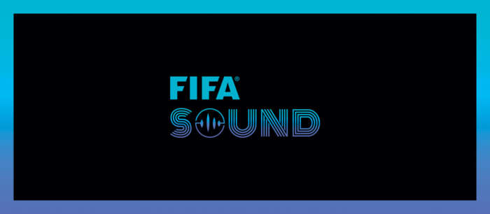 Das Banner der Kooperation zwischen der Fifa und Universal Music: Der Schriftzug „Fifa Sound“ steht in blauer Farbe auf schwarzem Hintergrund.