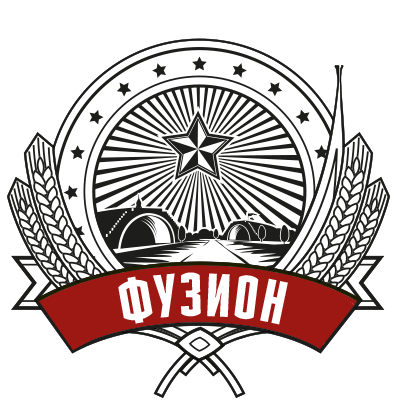 Logo des Fusion Festivals mit einer symbolischen Grafik des Geländes und Schrift in kyrillischen Buchstaben.