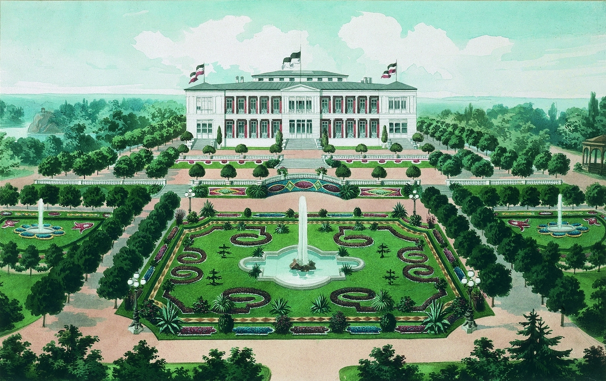 Historische Zeichnung des Palmengartens Frankfurt am Main.