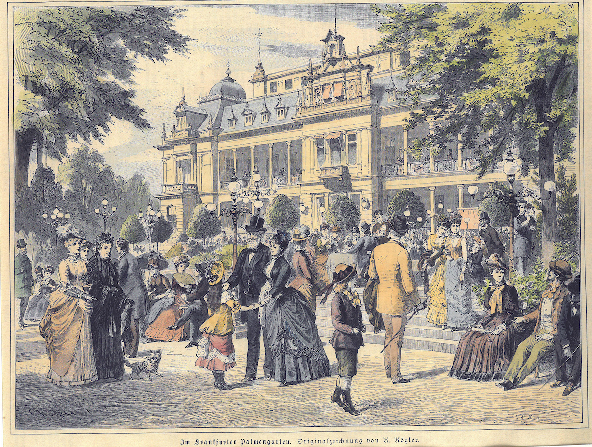 Historische Zeichnung der Besucher im Plamengarten Frankfurt am Main.