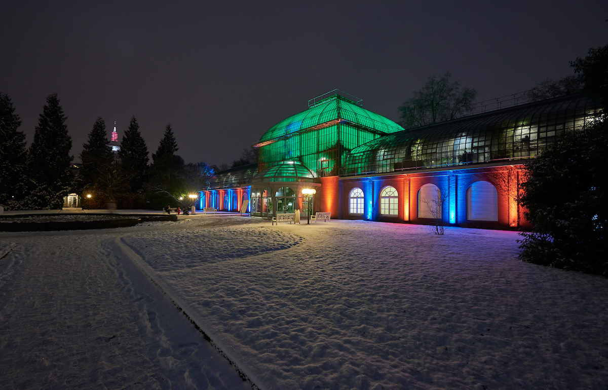 Außenaufnahme eines beleuchteten, verschneiten Gewächshauses im Palmengarten Frankfurt am Main.