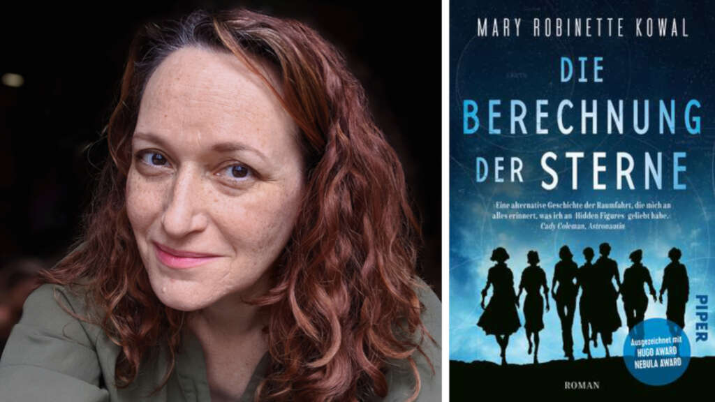 Die Autorin Mary Robinette Kowal und das blaue Cover von „Die Berechnung der Sterne“