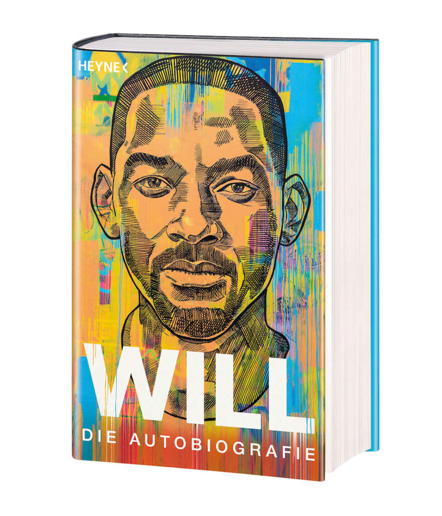Das Buchcover der Biografie „Will“ auf der Will Smith' skizziertes gesicht in bunten farben zu sehen ist.
