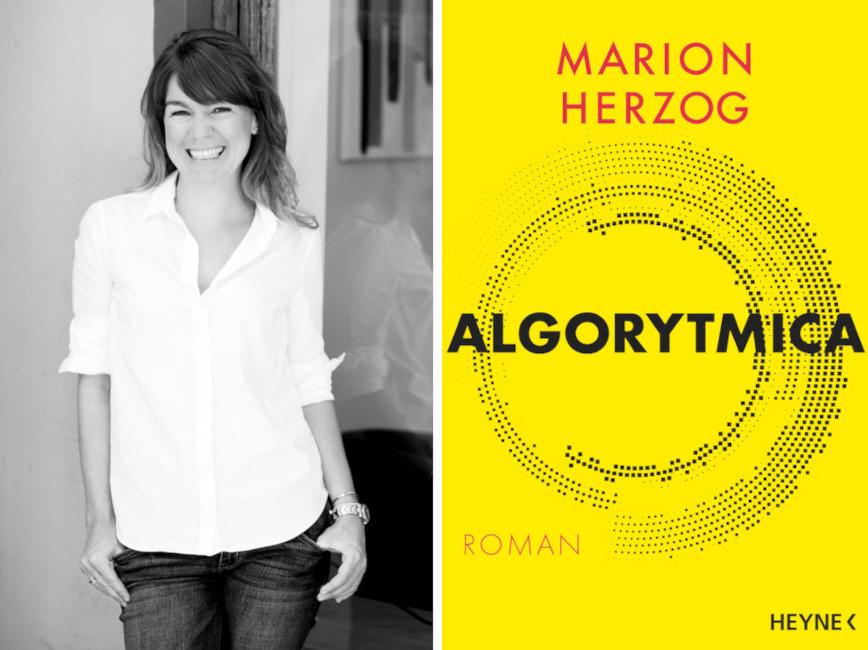 Ein Foto Marion Herzog in einer weißen Bluse (links, in schwarz-weiß) und das gelbe Cover mit riter und schwarzer Schrift von Algoritmica