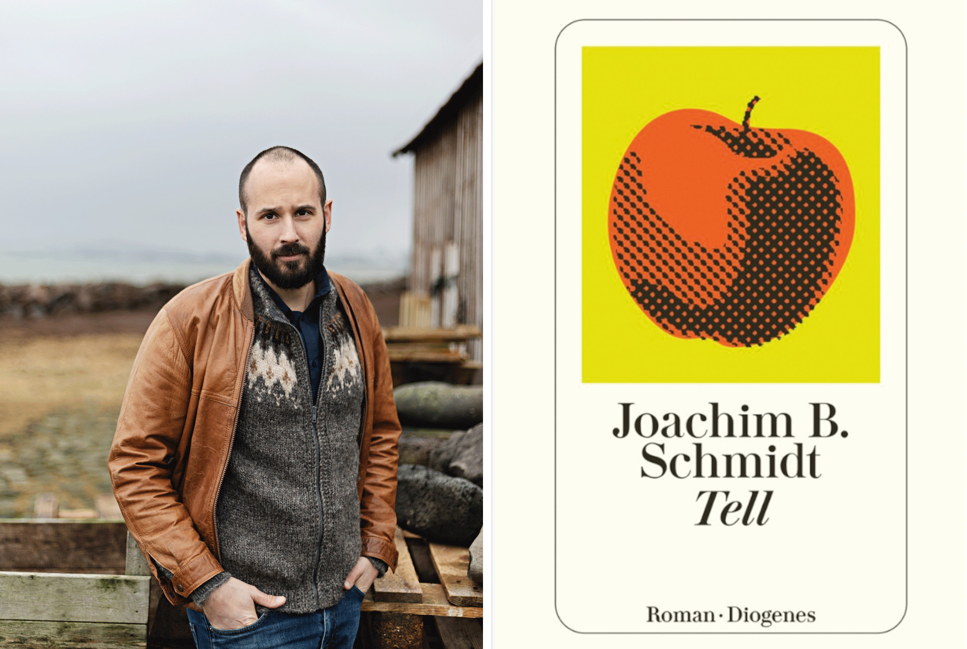 Gewinnspielbild zur Verlosung des Romans „Tell“ von Joachim B. Schmidt. Es sind der Autor in Island und das Buchcover mit einem Apfel darauf zu sehen.