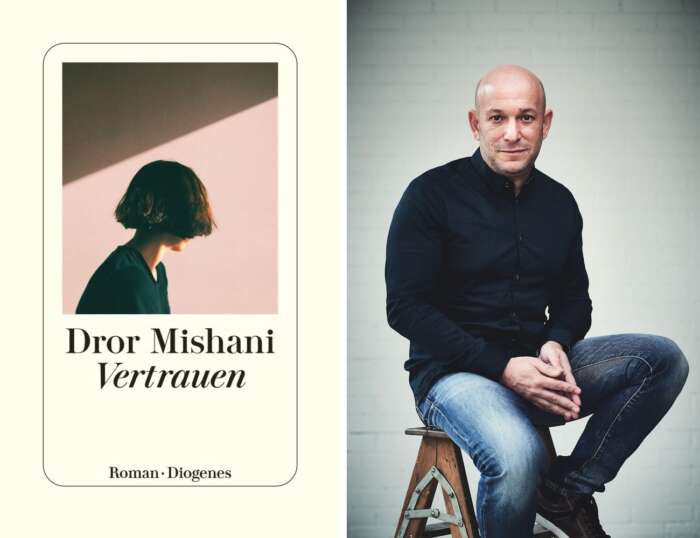 Dror Mishani: Links das Buchcover von „Vetrauen“, rechts der Autor, sintzend, in Jeans unsd schwarzem Hemd