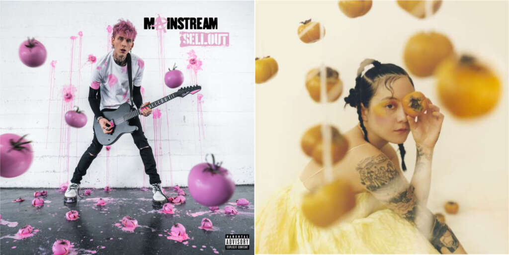 Links: das Cover von Machine Gun Kelly (mit rosa Tomaten) vs. rechts: Das Cover von Japanese Breakfast (mit gelben Früchten)