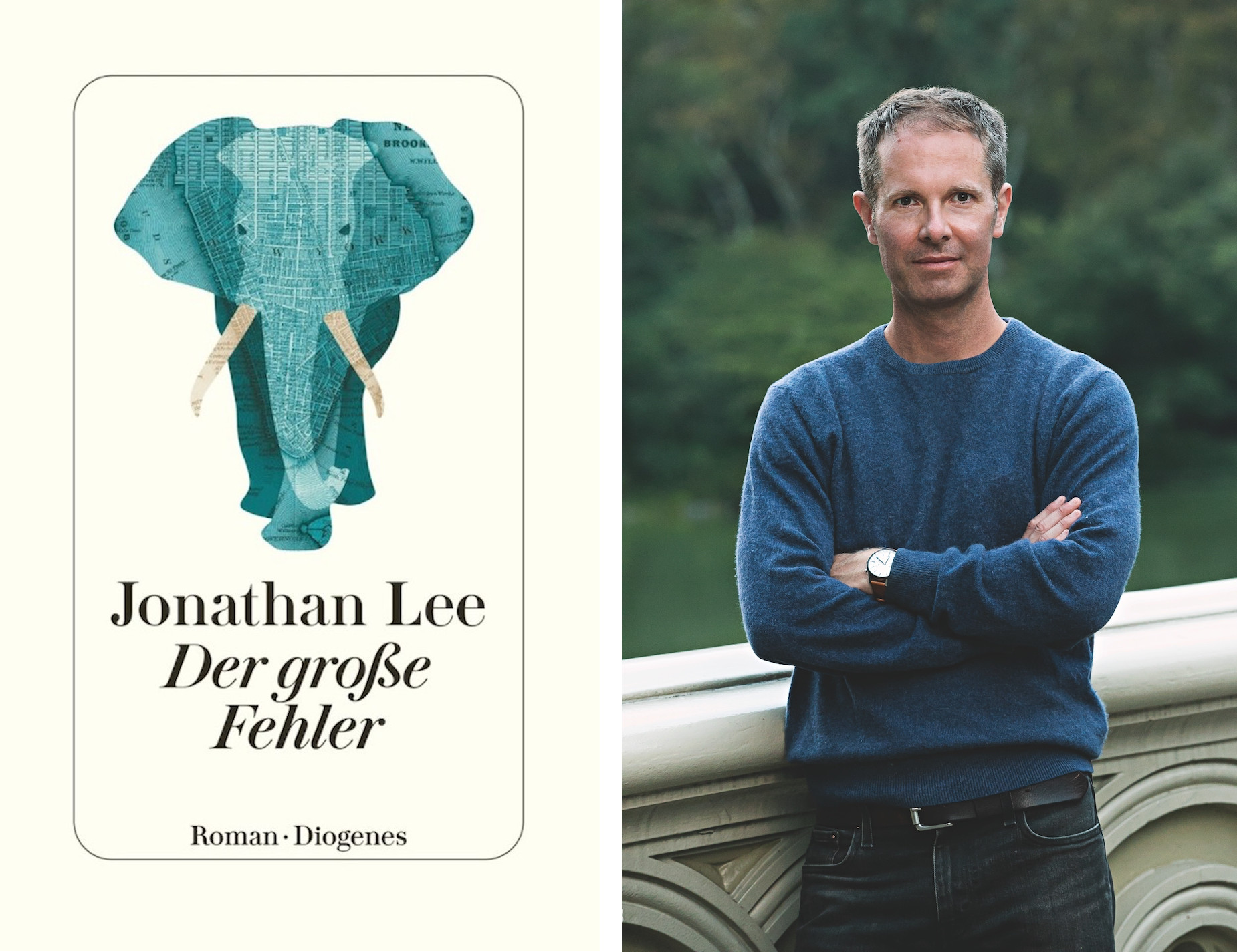 Cover von „Der große Fehler“ mit einem türkisen Elefanten und der Auto Jonathan Lee in einem dunkelblauen Pullover auf einer Brücke im Park.