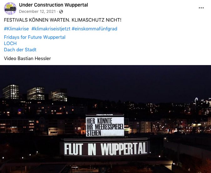 Projektion von FFF Wuppertal im Zuge des verschobenen Tanzfestivals „Under Contruction“