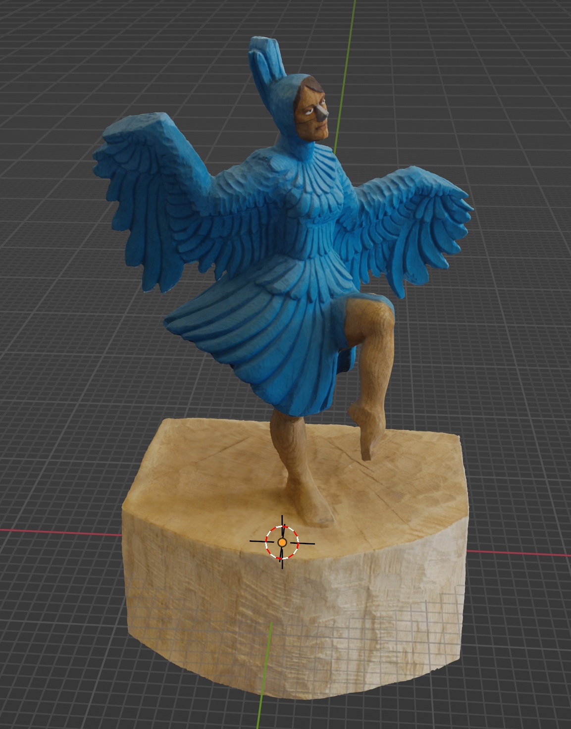 „Nah der Natur 1“ – ein 3D-Modell einer Person in blauem Federkostüm.