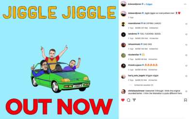 Zu sehen ist der Screenshot des Instagram-Beitrags von @dukeandjones mit einer Grafik zum Song "Jiggle jiggle", in der drei Männer in einem grünen Auto sitzen; rechts daneben die Kommentarspalte.