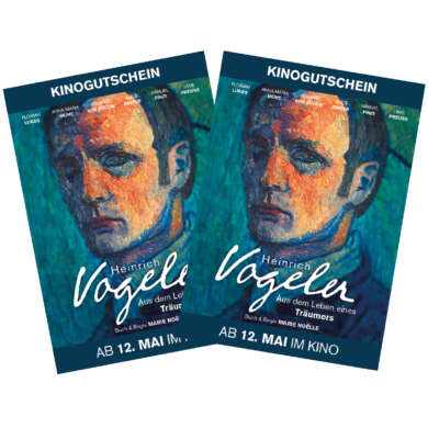 Zu sehen sind zwei Kinokarten mit einem Selbstporträt des Künstlers Heinrich Vogeler in Blautönen.