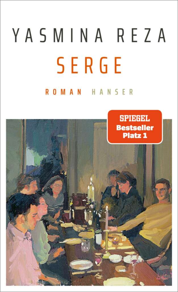 Buchcover von Yasmina Rezas „Serge“ zeigt gezeichnete Familie an Essenstisch.