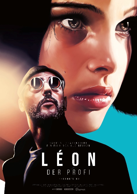 Zu sehen ist die Grafik für ein Kinoplakat zum Film „Leon - der Profi“, auf dem Jean Reno und Natalie Portman abgebildet sind.