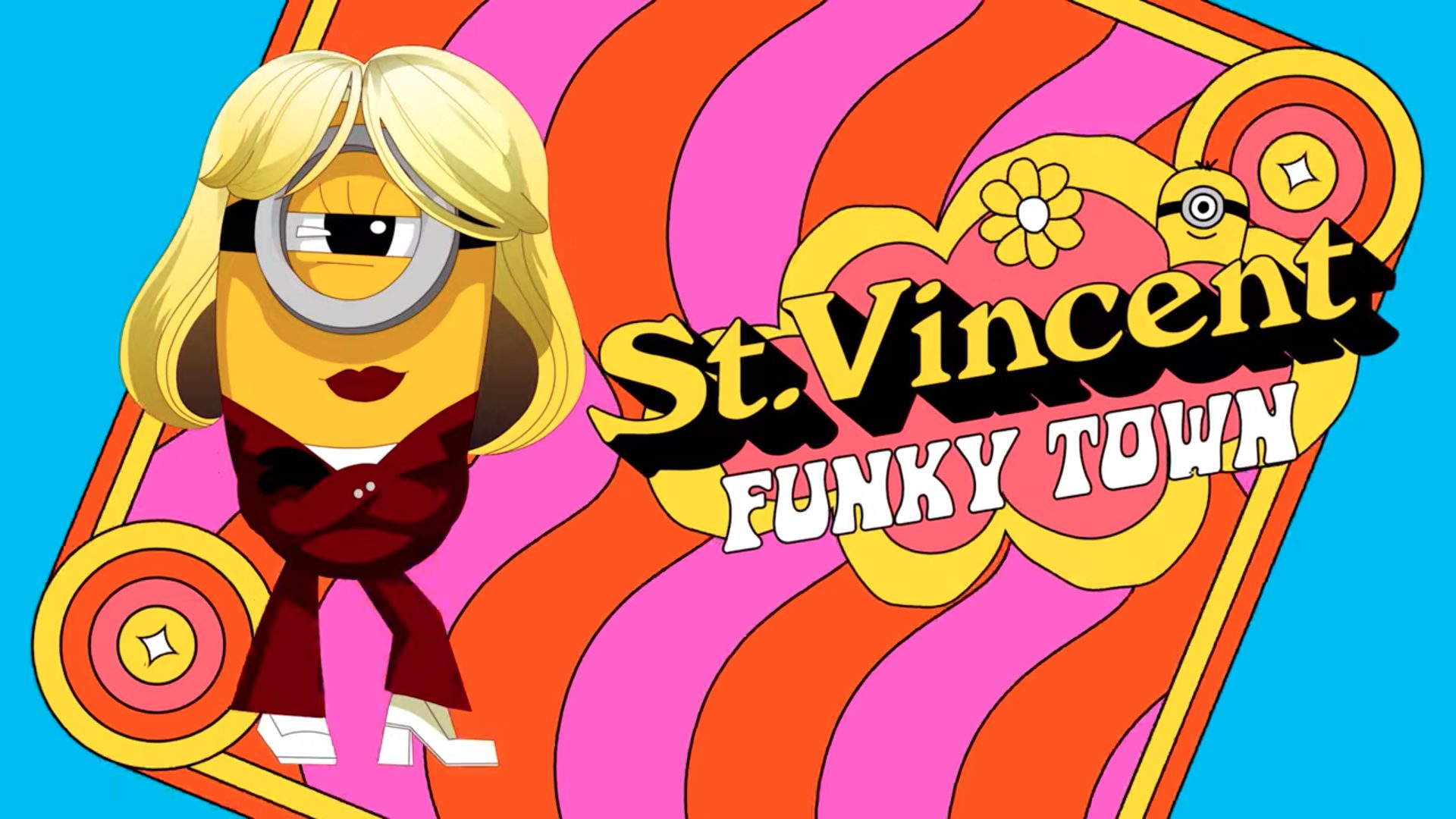 St. Vincent „Funkytown“: Man sieht einen Minion mit einer St. Vincent-Frisur in einem Disco-Overall.