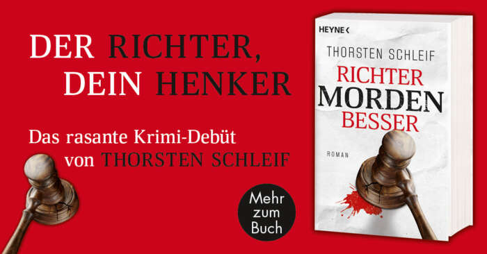 Zu sehen ist ein rotes Werbebanner zum Buch von „Richter morden besser“ von Thorsten Schleif.