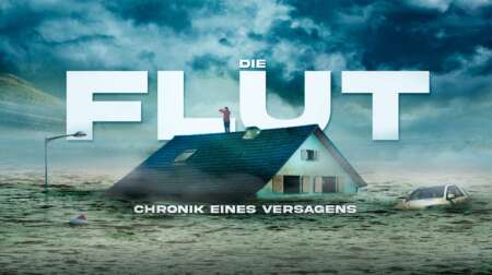 Titelbild von „Die Flut – Chronik eines Versagens“: Ein Hausdach ragt aus Wassermassen, daneben eine Straßenlaterne und das Dach eines Autos. Auf dem Hausdach steht eine Gestalt und blickt in die Ferne.