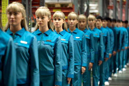 Real Humans: Eine Reihe an weiblichen Hubots (Human Robots) in Blaumännern.