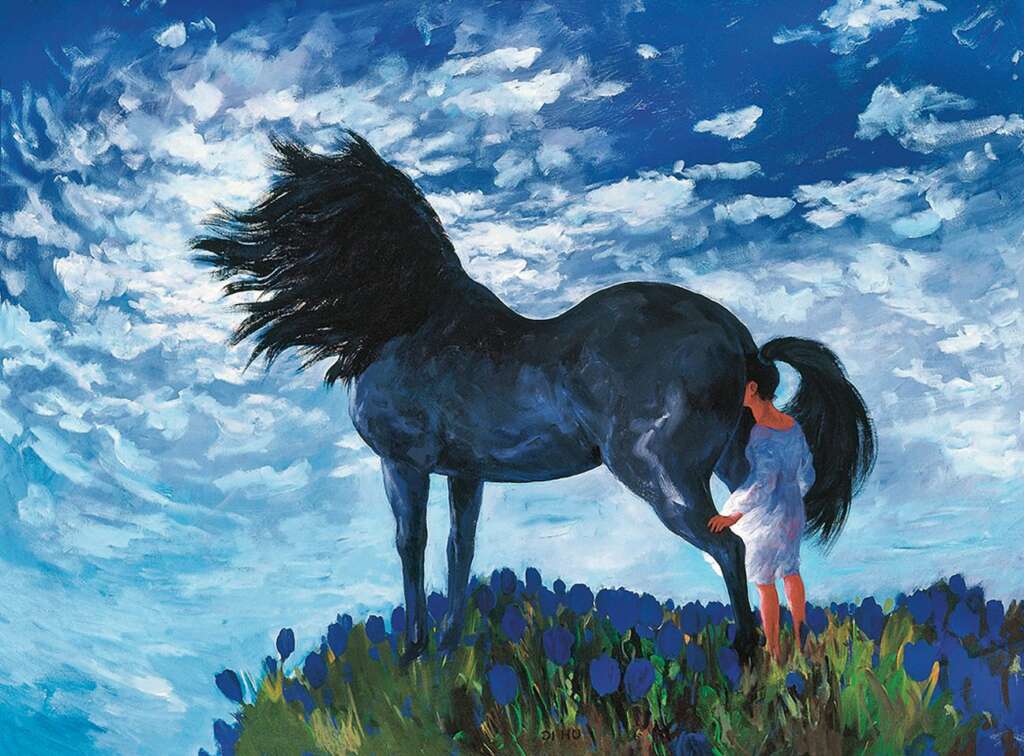 Ein Gemälde, auf dem ein Mann seinen Kopf in den Po eines Pferdes steckt