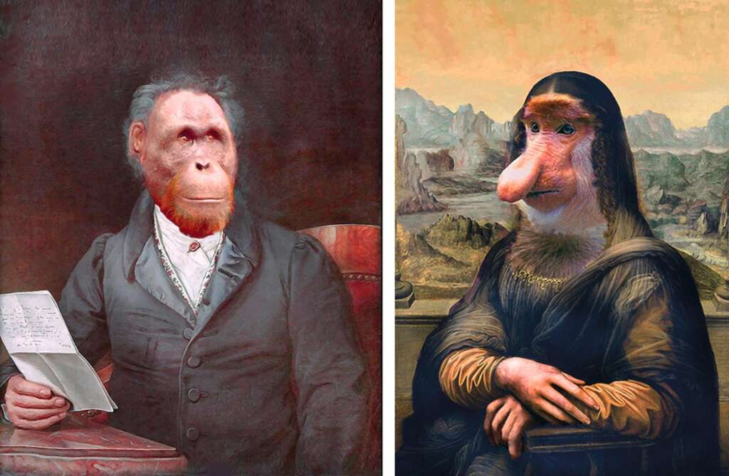 Gemälde mit zwei Affen als Mona Lisa und Goethe