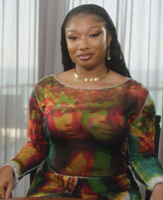 Megan Thee Stallion, Album: Man sieht die Rapperin in einem Stuhl sitzend, sie trägt ein buntes Kleid und auffälliges Make-up.