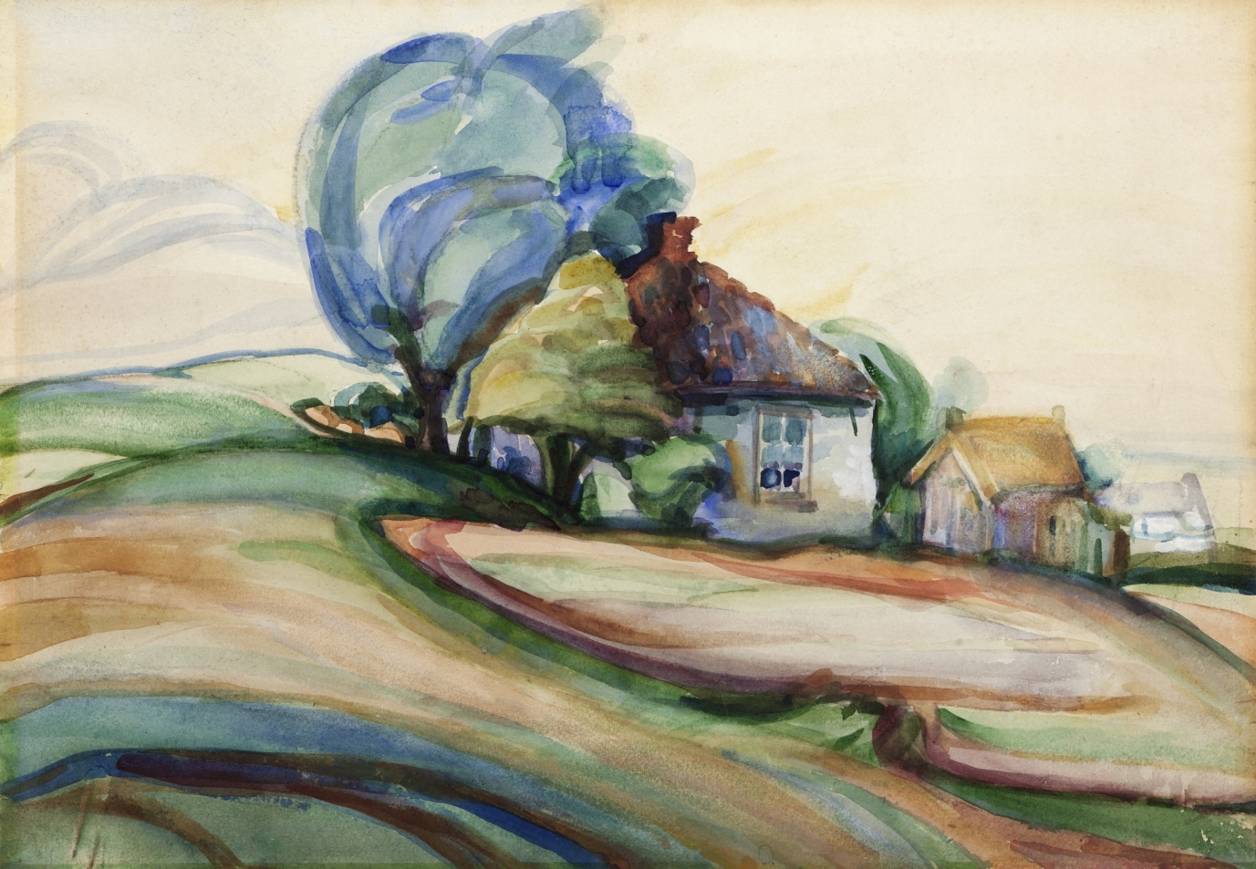 Das Gemälde Landschaft Reitdiepsdijk, Blauwborgje mit verwehten Bäumen von Alida Pott,