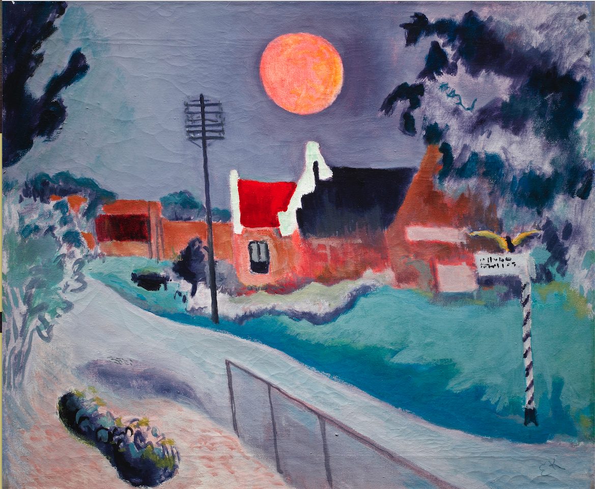 Das Gemälde Warffum mit rotem Mond von Ekke Kleima
