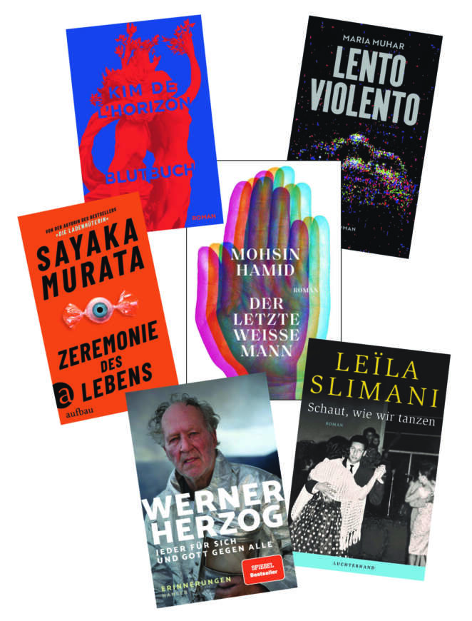 Die besten Bücher im November 2022: Buchcover mit Kim de l’Horizon, Mohsin Hamid, Leïla Slimani, Sayaka Murata, Werner Herzog und Maria Muhar
