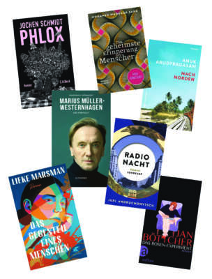 Die besten Bücher im Dezember 2022: Buchcover von Mohamed Mbougar Sarr, Jan Böttcher, Jochen Schmidt, Juri Andruchowytsch, Lieke Marsman, Anuk Arudpragasam