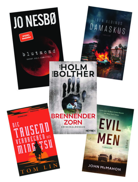 Die besten Krimis im Januar 2023: Buchcover von Jo Nesbø, Iben Albinus, Holm Bolther, Tom Lin, John McMahon