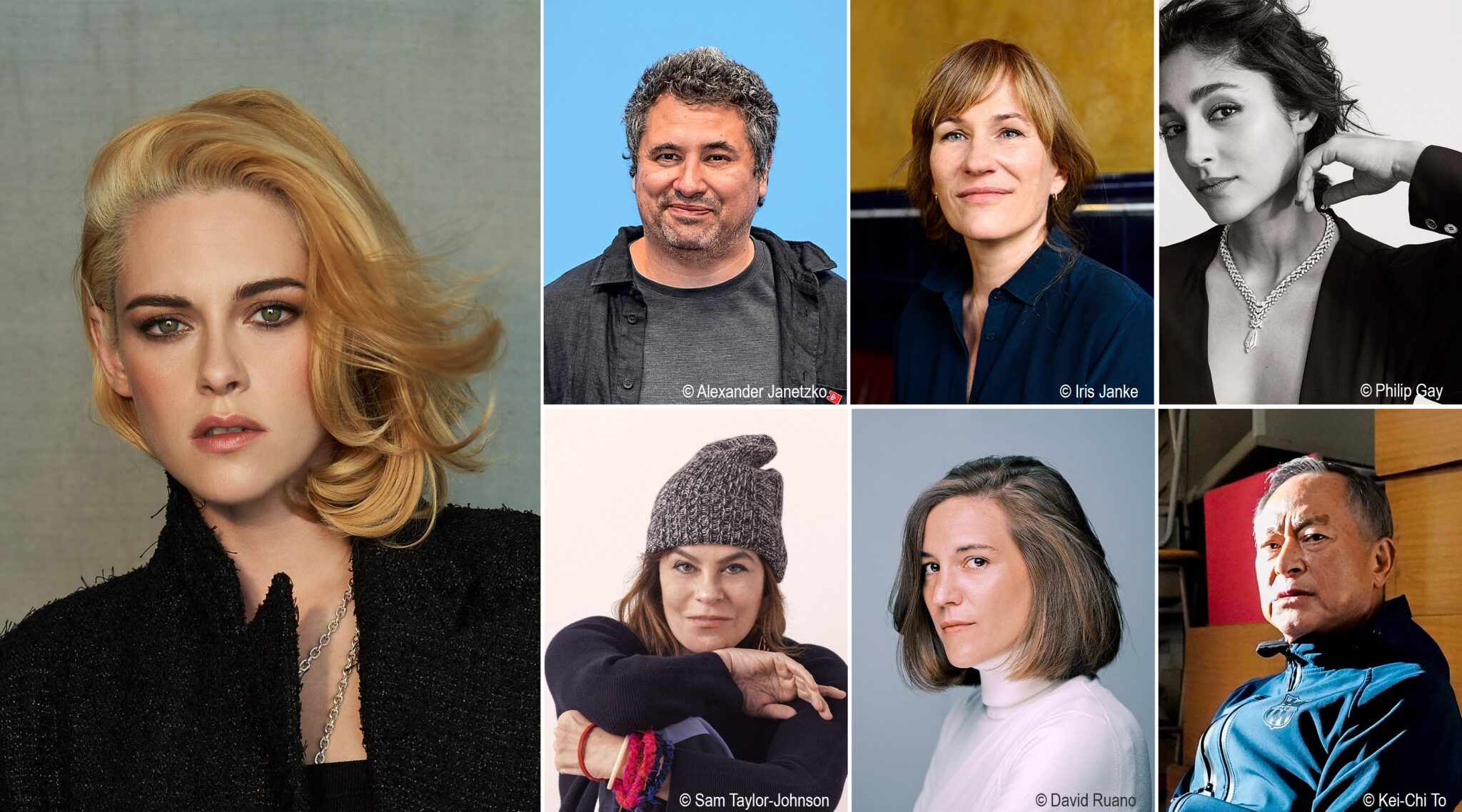 Die Jury der Berlinale 2023: Kristen Stewart, Radu Jude © Alexander Janetzko, Valeska Grisebach © Iris Janke, Golshifteh Farahani © Philip Gay, Francine Maisler © Sam Taylor-Johnson, Carla Simón © David Ruano, Johnnie To © Kei-Chi To