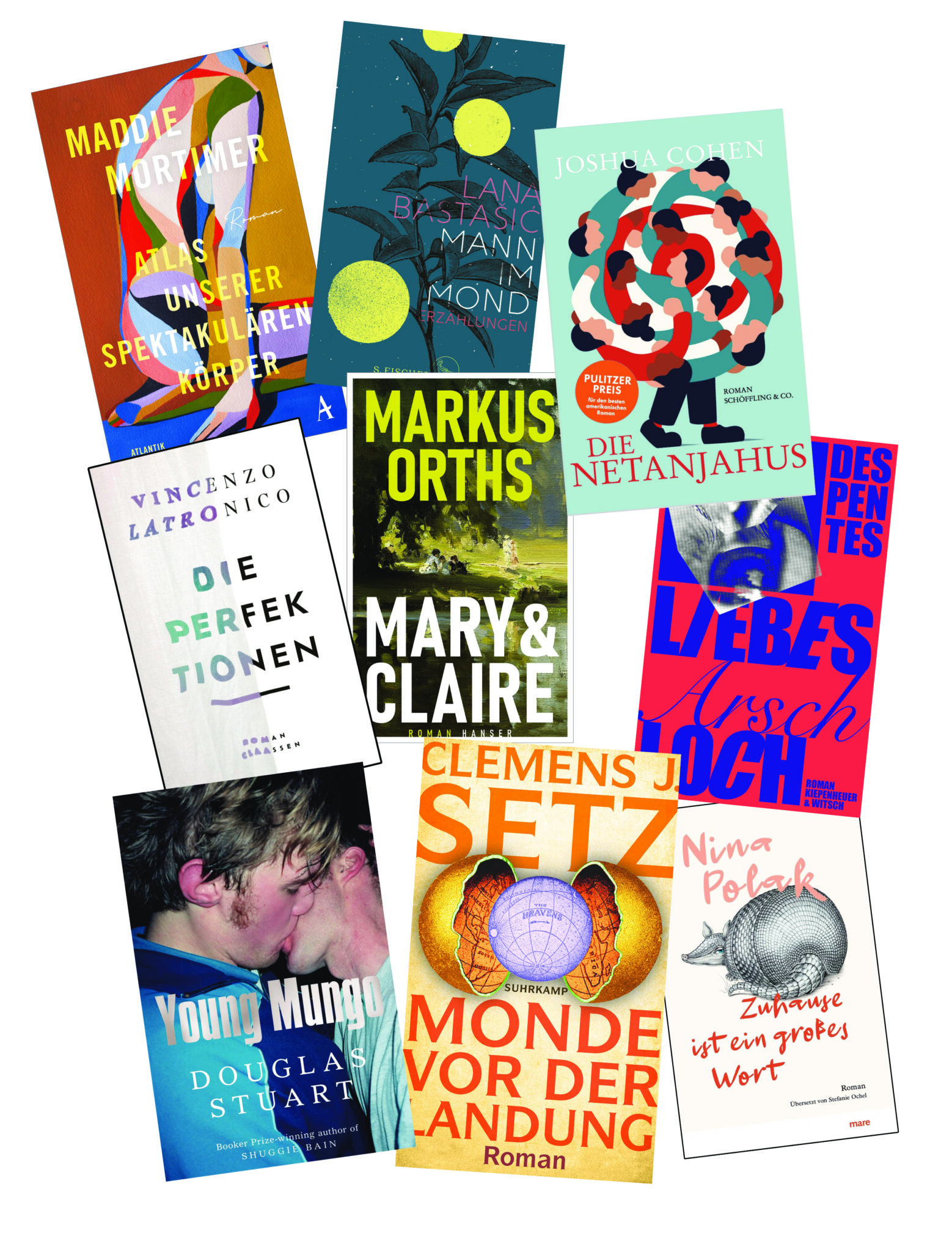 Die besten Bücher im März 2023: Buchcover von Clemens J. Setz, Virginie Despentes, Nina Polak, Markus Orths, Joshua Cohen, Maddie Mortimer, Douglas Stuart, Vincenzo Latronico, Lana Bastasic