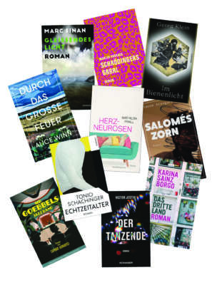 Die besten Bücher im April 2023: Buchcover von Alice Winn, Tonio Schachinger, Demian Lienhard, Victor Jestin, Karina Sainz Borgo, Simone Atangana Bekono, Georg Klein, Mathilda Prall, Marlen Hobrack, Marc Sinan