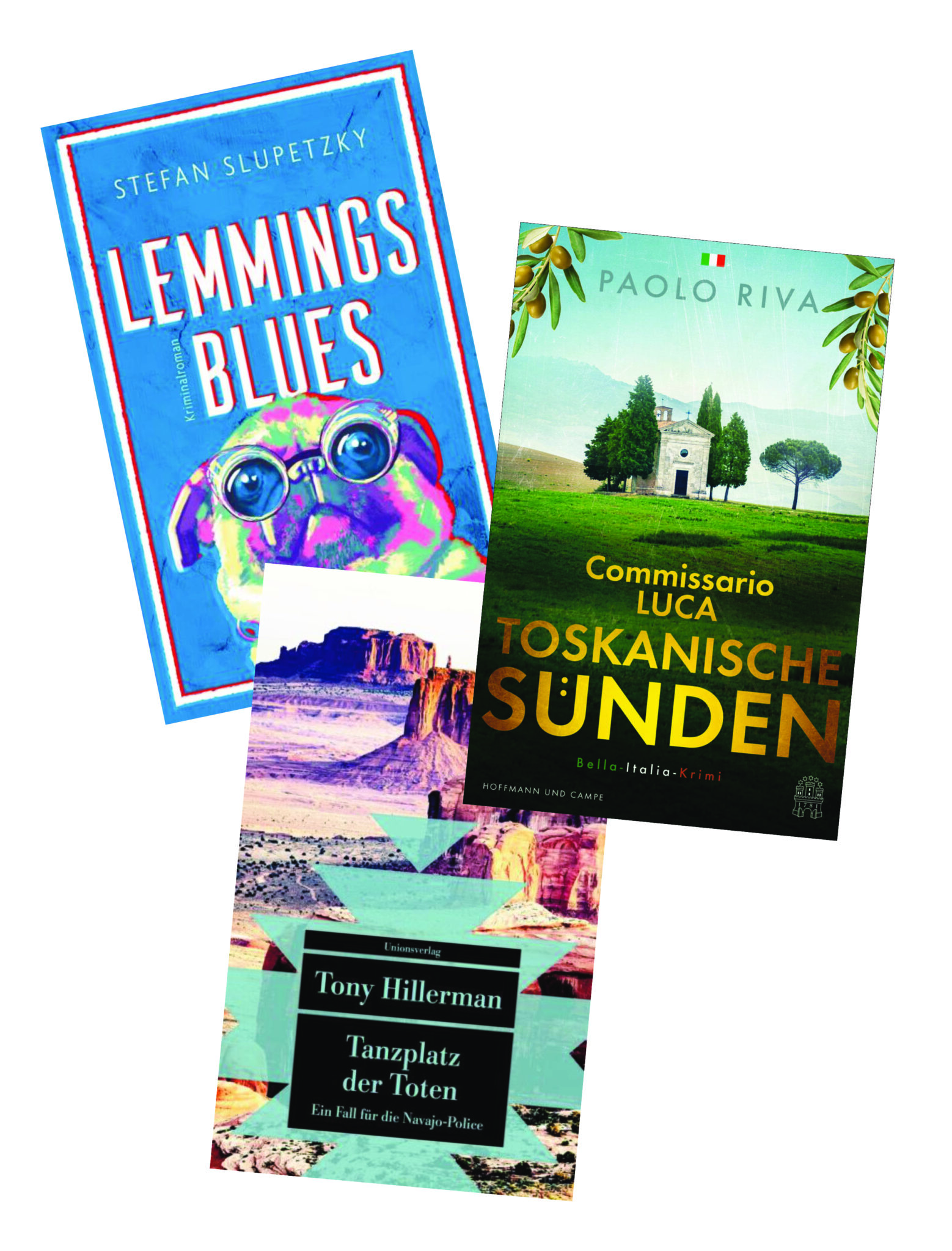 Die besten Krimis im April 2023: Buchcover von Tony Hillerman, Paolo Riva und Stefan Slupetzky