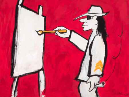 Ein Gemälde von Udo Lindenberg auf dem Udo Lindenberg ein Gemälde malt