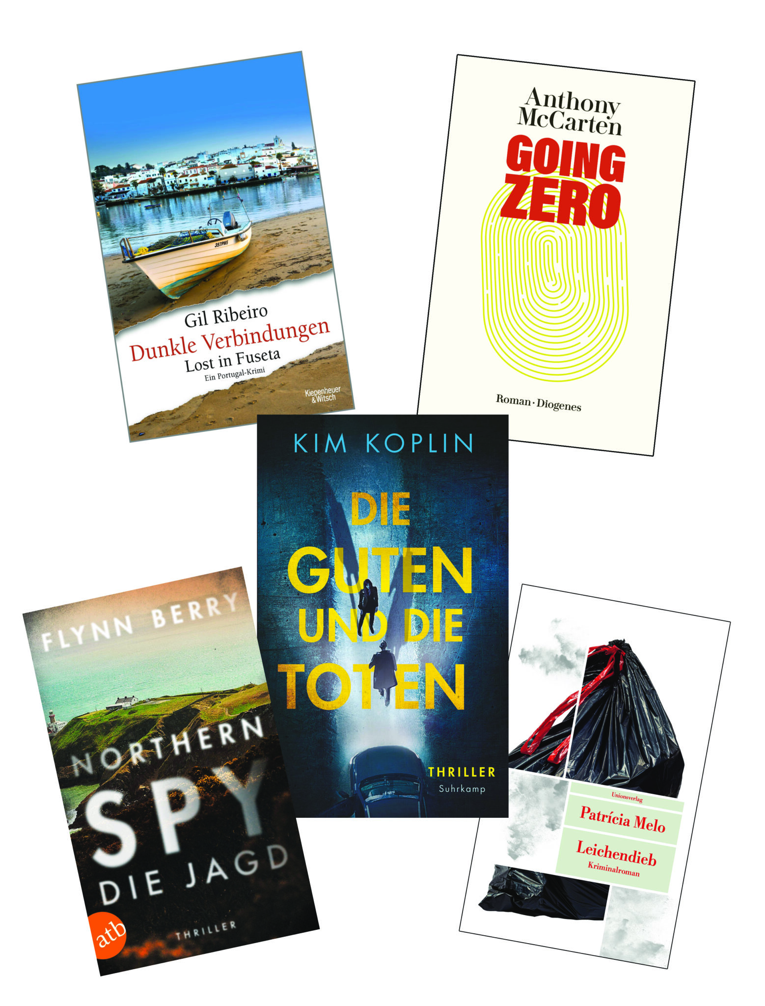 Die besten Krimis im Mai 2023: Buchcover von Gil Ribeiro, Anthony McCarten, Flynn Berry, Patricia Melo und Kim Koplin