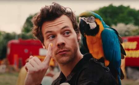 Harry Styles mit einem Papagei auf der Schulter.