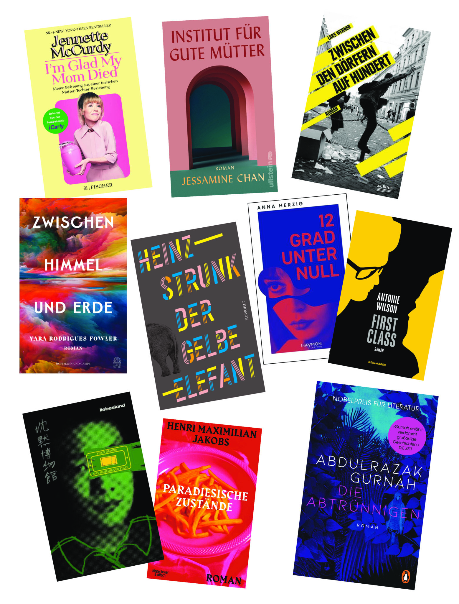 Die besten Bücher im Juli 2023: Buchcover von Yara Rodrigues Fowler, Jennette McCurdy, Heinz Strunk, Jessamine Chan, Antoine Wilson, Abdulrazak Gurnah, Lars Werner, Anna Herzig, Henri Maximilian Jakobs und Yoko Ogawa