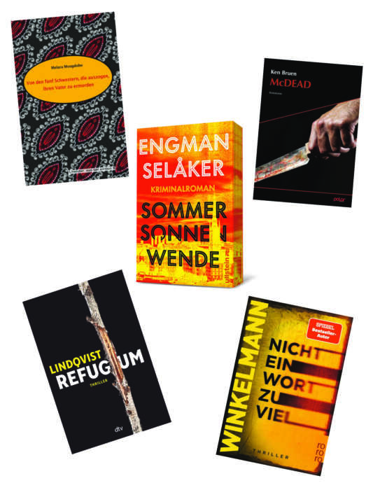 Die besten Krimis im Juli 2023: Buchcover von Melara Mvogdobo, Ken Bruen, Pascal Engman und Johannes Selåker, Andreas Winkelmann und John Ajvide Lindqvist