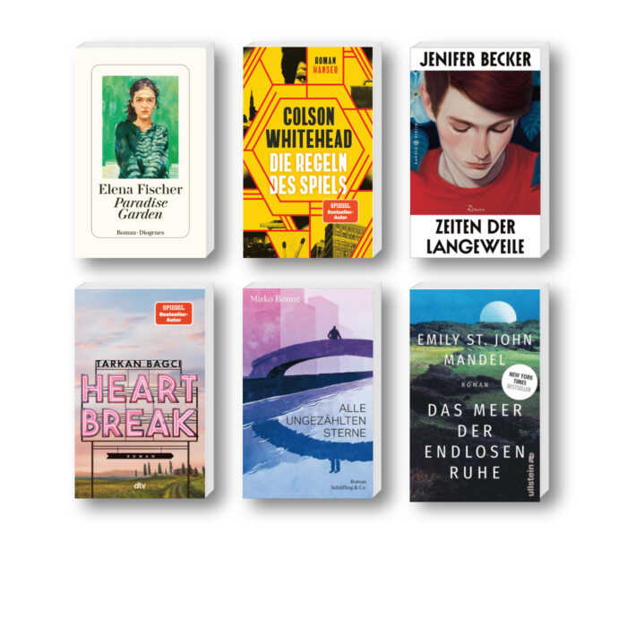 Die besten Bücher im September 2023: Buchcover von Colson Whitehead, Elena Fischer, Jenifer Becker, Emily St. John Mandel, Tarkan Bagci und Mirko Bonné