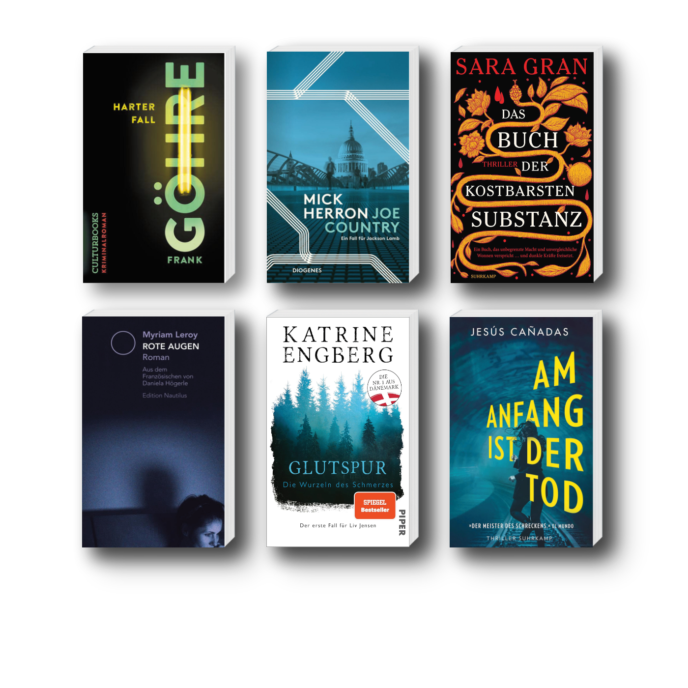 die besten Krimis im November 2023: Buchcover von Frank Röhre, Mick Herron, Sara Gran, Myriam Leroy, Jesús Canadas und Katrine Engberg