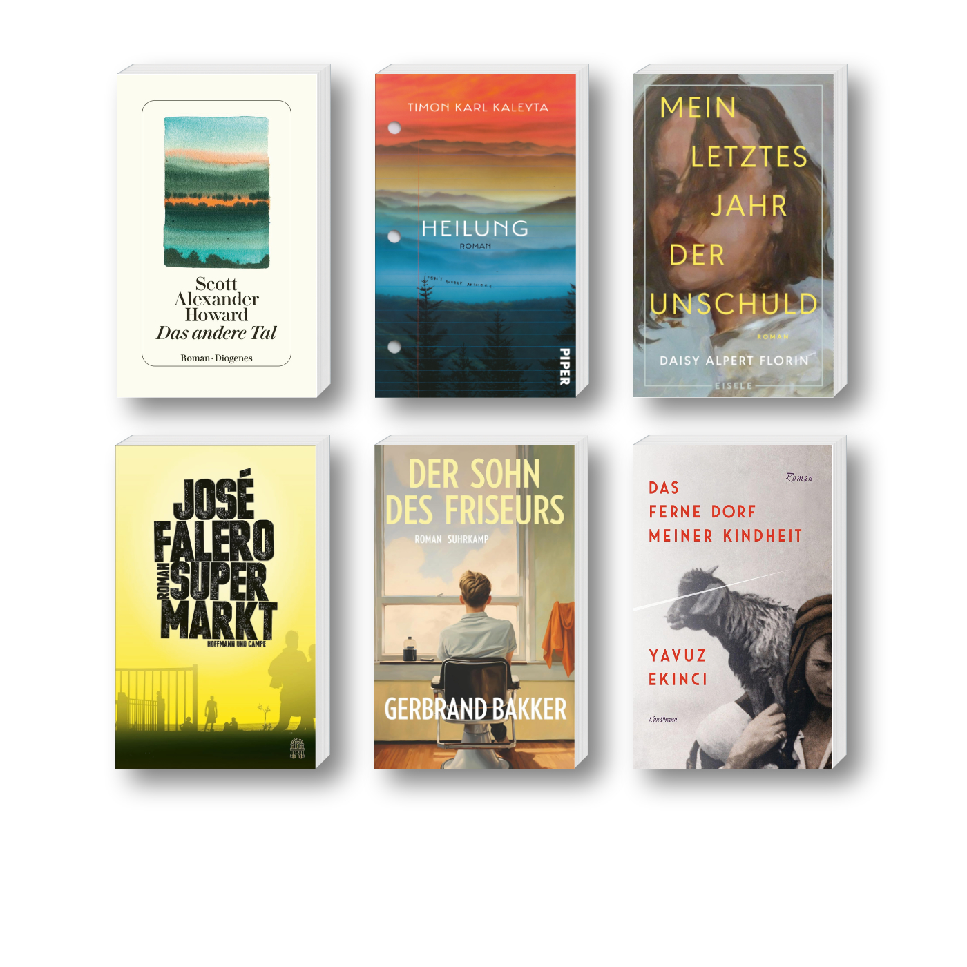 Die besten Bücher im April 2024: Buchcover von Scott Alexander Howard, Timon Karl Kaleyta, José Falero, Gerbrand Bakker, Daisy Alpert Florin und Yavuz Ekinci