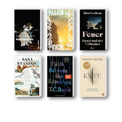 Die besten Bücher im Juni 2024: Buchcover von Ilona Hartmann, Miranda July, Ron Leshem, Sasa Stanisic, T.C. Boyle, Salman Rushdie