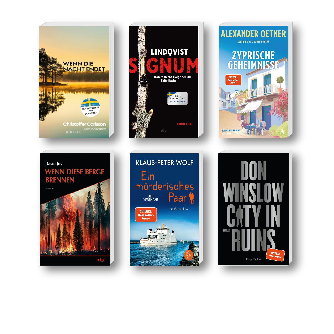 Die besten Krimis im Juli 2024: Buchcover von Christoffer Carlsson, John Ajvide Lindqvist, Alexander Oetker, David Joy, Klaus-Peter Wolf und Don Winslow