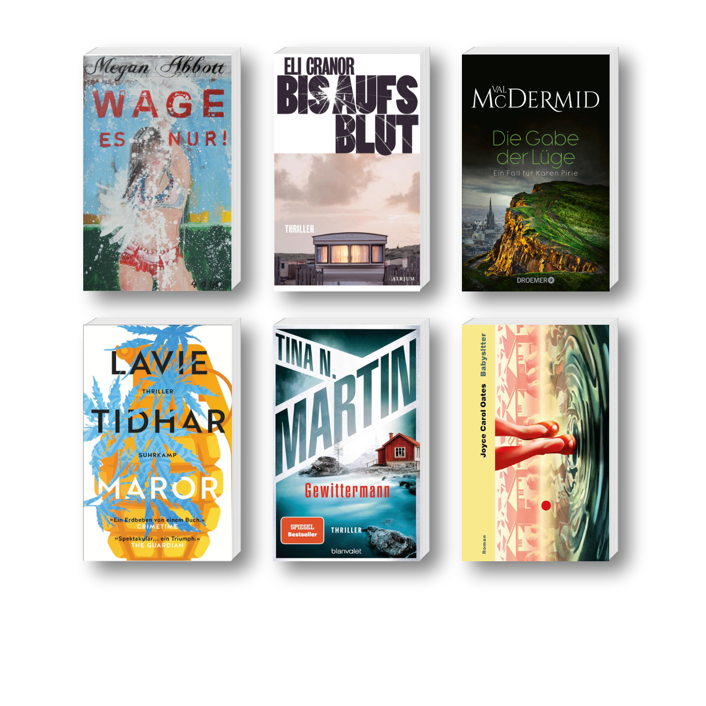 Die besten Krimis im Juni 2024: Buchcover von Joyce Carol Oates, Lavie Tidhar, Tina N. Martin, Eli Cranor, Megan Abbott, Val McDermid.