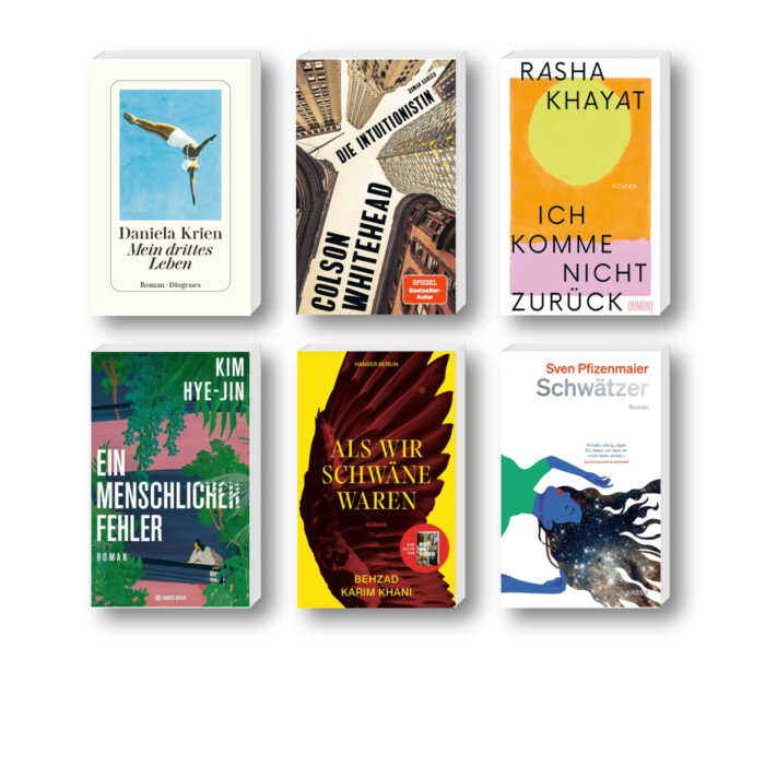 Die besten Bücher im September 2024: Buchcover von Daniela Krien, Colson Whitehead, Rasha Khayat, Kim Hye-Jin, Behzad Karim Khani und Sven Pfizenmaier