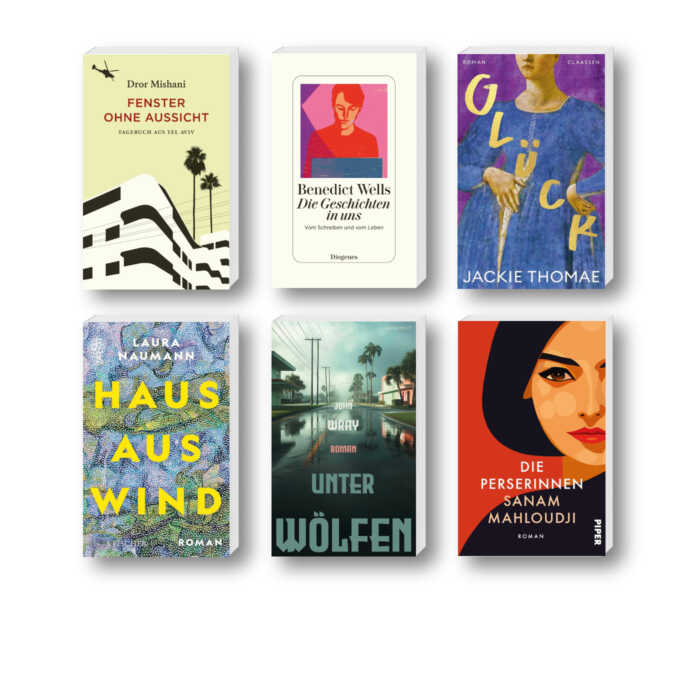 Die besten Bücher im August 2024: Buchcover von Dror Mishani, Benedict Wells, Jackie Thomae, Laura Naumann, John Wray und Sanam Mahloudji